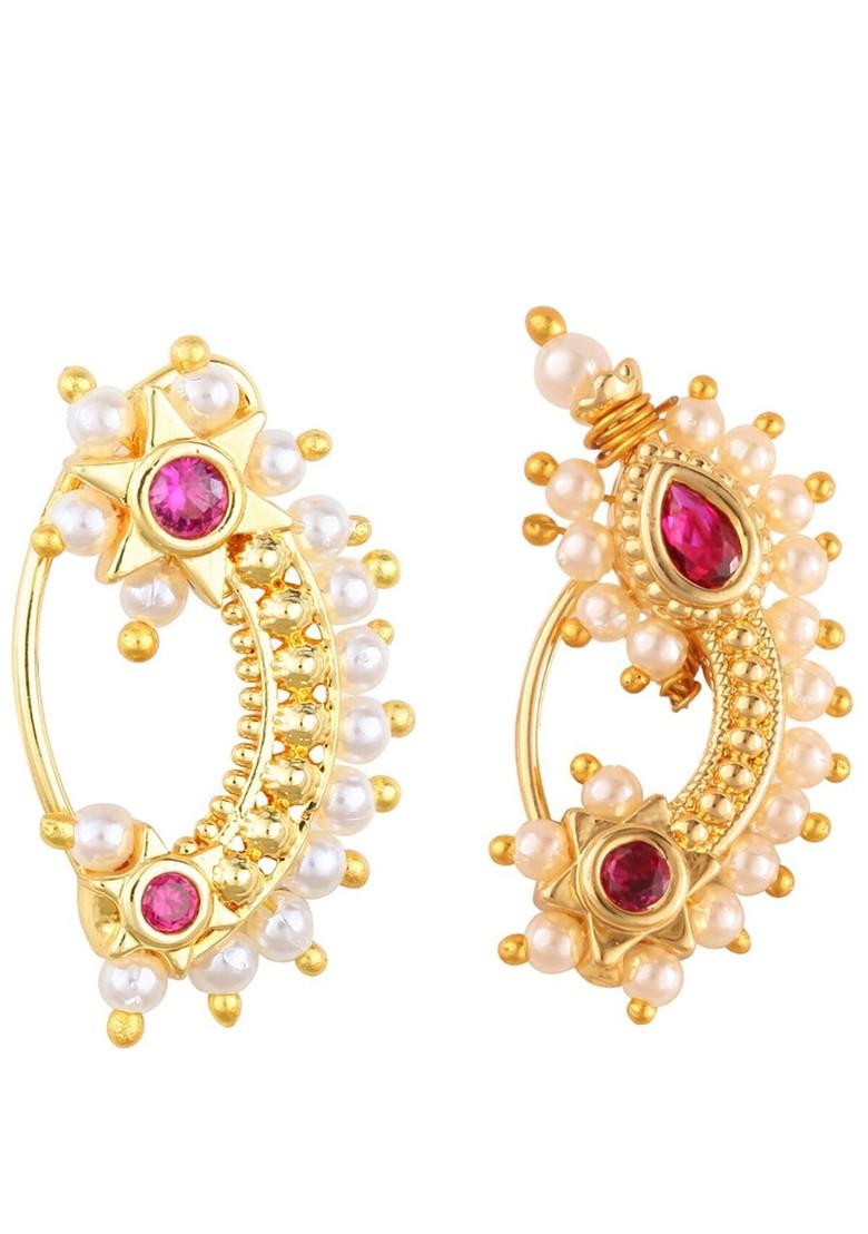 Set Of 2 Gold Plated Stone Studdedand Beaded Nosepins