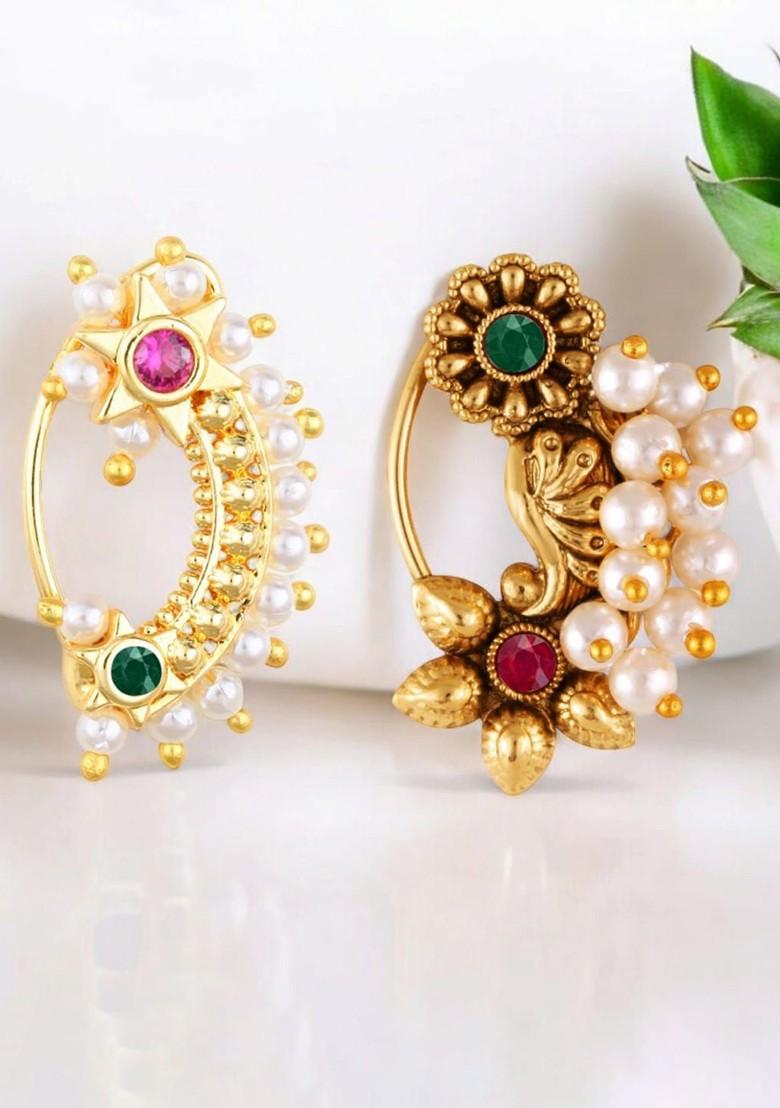 Set Of 2 Gold Plated Pearls Beaded Ring Nosepin