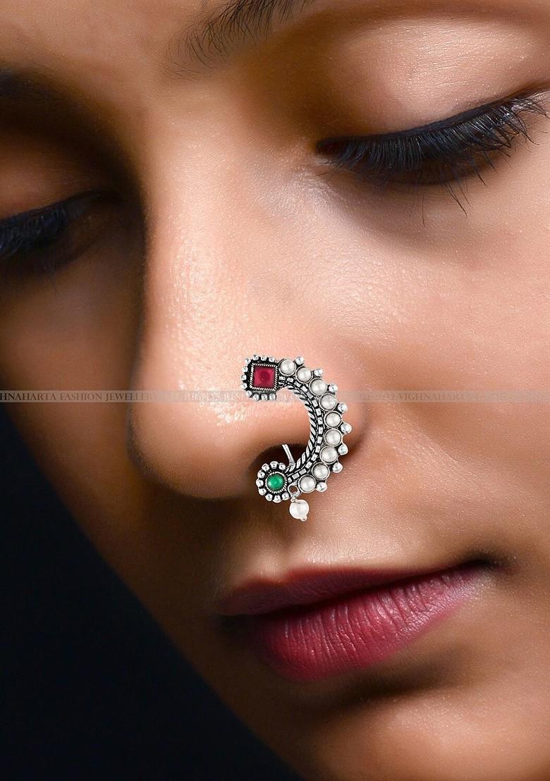 Rhodium Plated Cz Stone Non Piercing Maharashtrian Nath Nathiya