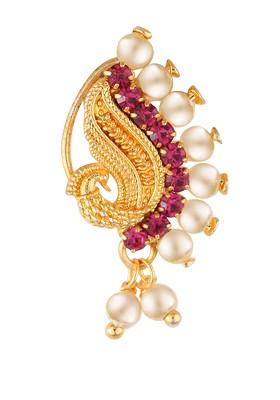 Gold Plated Cz Studdedand Beaded Maharashtrian Nath Nosepin