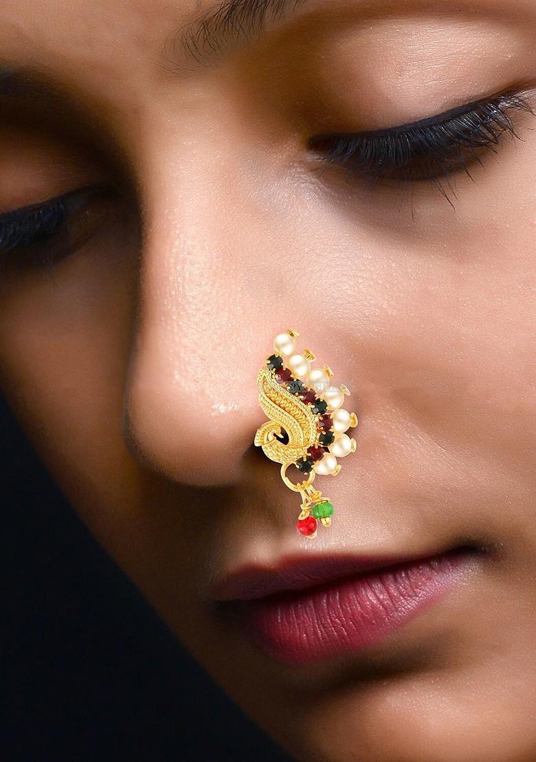 Gold Plated Beaded Maharashtrian Nath Nose Pin