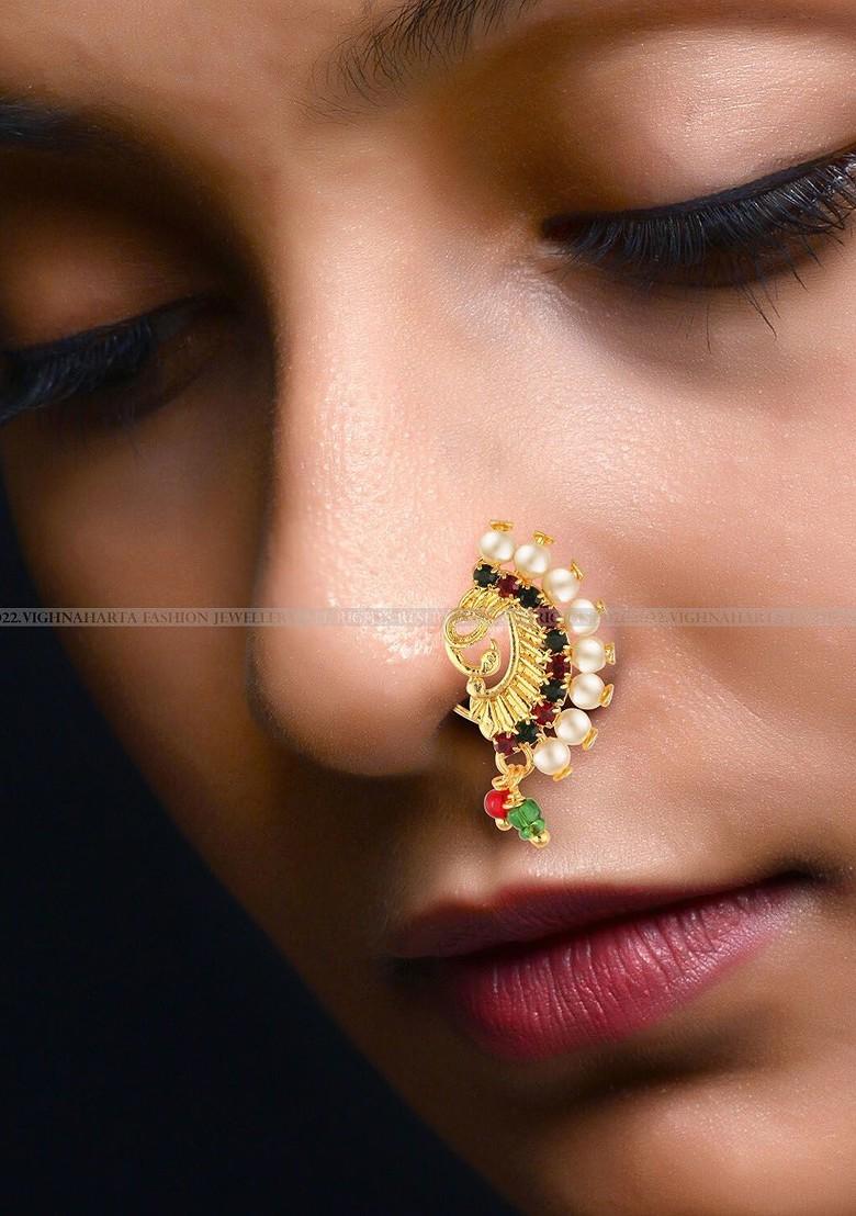 Gold Plated Beaded Maharashtrian Nath Nose Pin