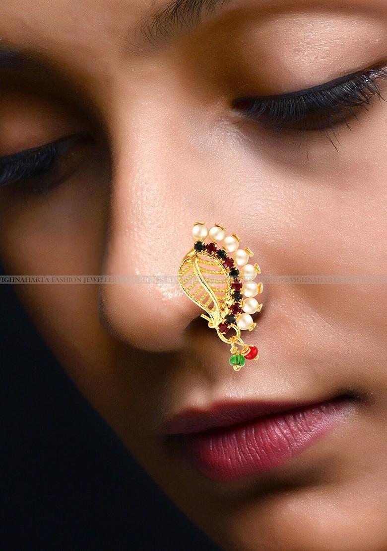 Gold Plated Cz Stone Piercing Maharashtrian Nath Nathiya