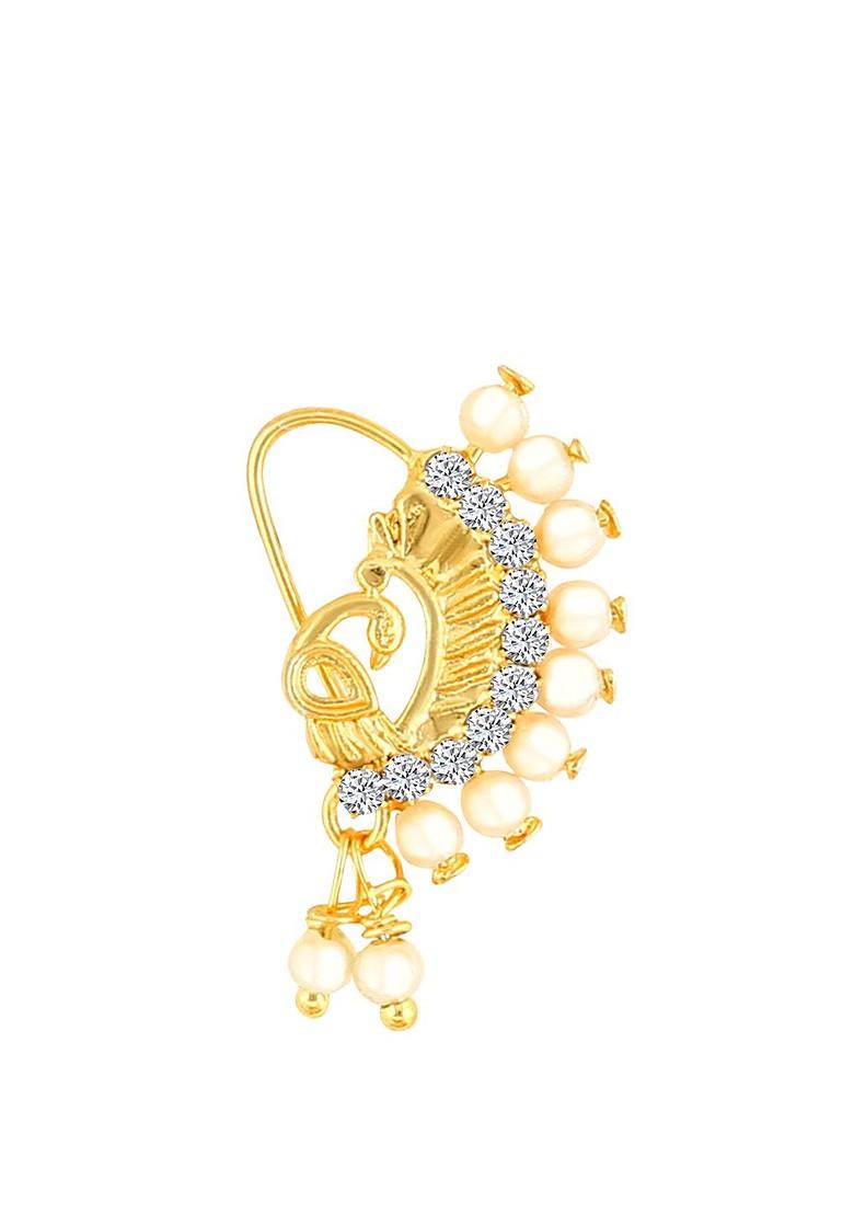 Set Of 2 Gold Plated Stone Studdedand Pearl Beaded Nosepins