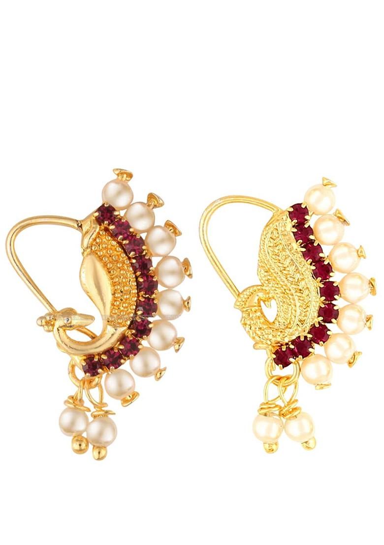 Set Of 2 Gold Plated Stone Studdedand Pearls Beaded Nosepins