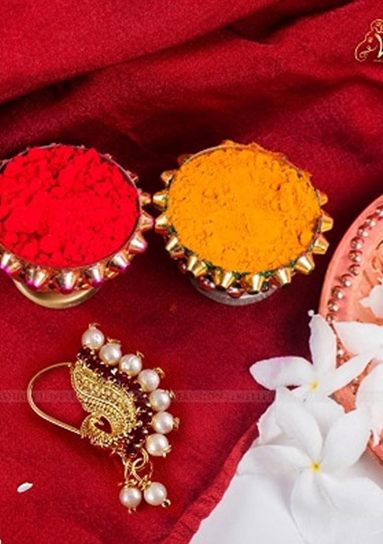 Set Of 2 Gold Plated Stone Studdedand Pearls Beaded Nosepins