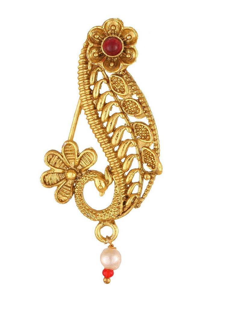 Set Of 2 Gold Plated Stone Studdedand Pearls Beaded Nose Pins