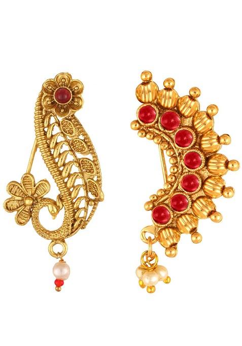 Set Of 2 Gold Plated Stone Studdedand Pearls Beaded Nose Pins