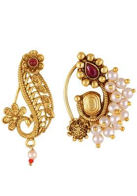 Set Of 2 Gold Plated Stone Studdedand Beaded Nosepins