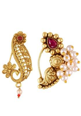 Set Of 2 Gold Plated Stone Studdedand Pearls Beaded Ring Nosepins