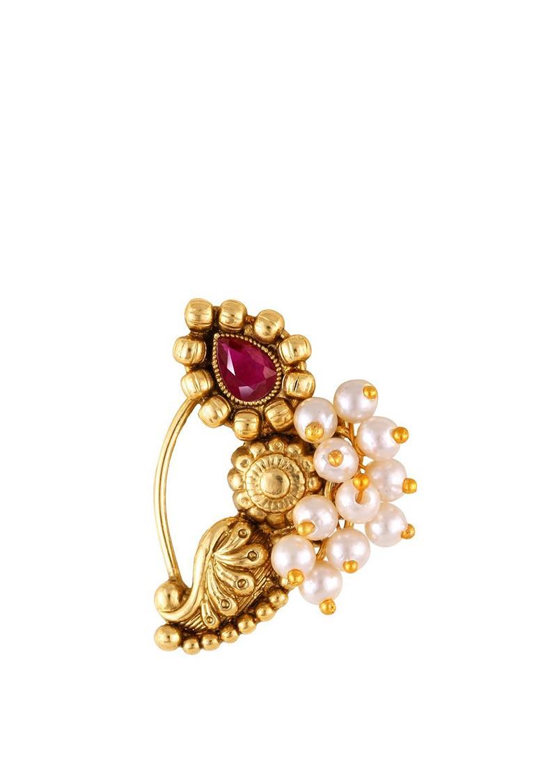 Set Of 2 Gold Plated Stone Studdedand Pearls Beaded Ring Nosepins