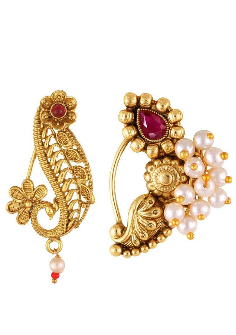 Set Of 2 Gold Plated Stone Studdedand Pearls Beaded Ring Nosepins