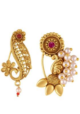 Set Of 2 Gold Plated Stone Studdedand Beaded Ring Nosepins
