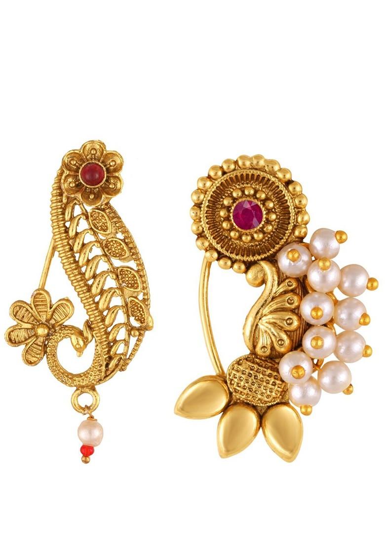 Set Of 2 Gold Plated Stone Studdedand Beaded Ring Nosepins