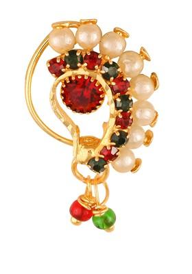 Gold Plated Studded And Beaded Non Piercing Maharashtrian Nath Nosepin