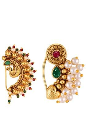 Set Of 2 Gold Plated Stone Studdedand Pearl Beaded Ring Nosepins