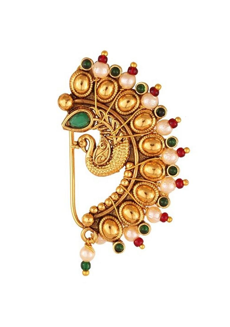 Set Of 2 Gold Plated Stone Studdedand Pearl Beaded Ring Nosepins