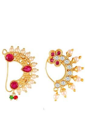 Set Of 2 Gold Plated Cz Studdedand Pearl Beaded Insert Nosepin