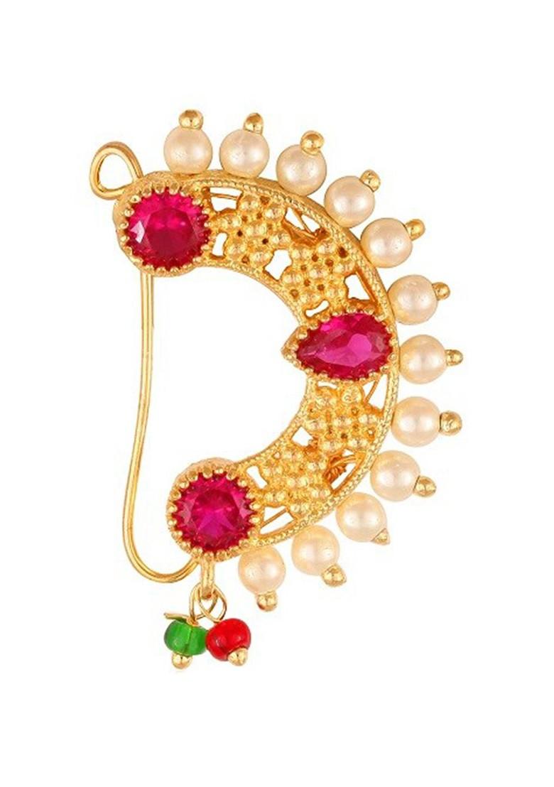 Set Of 2 Gold Plated Cz Studdedand Pearl Beaded Insert Nosepin