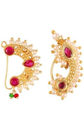 Set Of 2 Gold Plated Stone Studdedand Pearl Beaded Nosepin