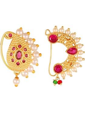 Set Of 2 Gold Plated Stone Studded Pearl Beaded Insert Nosepin