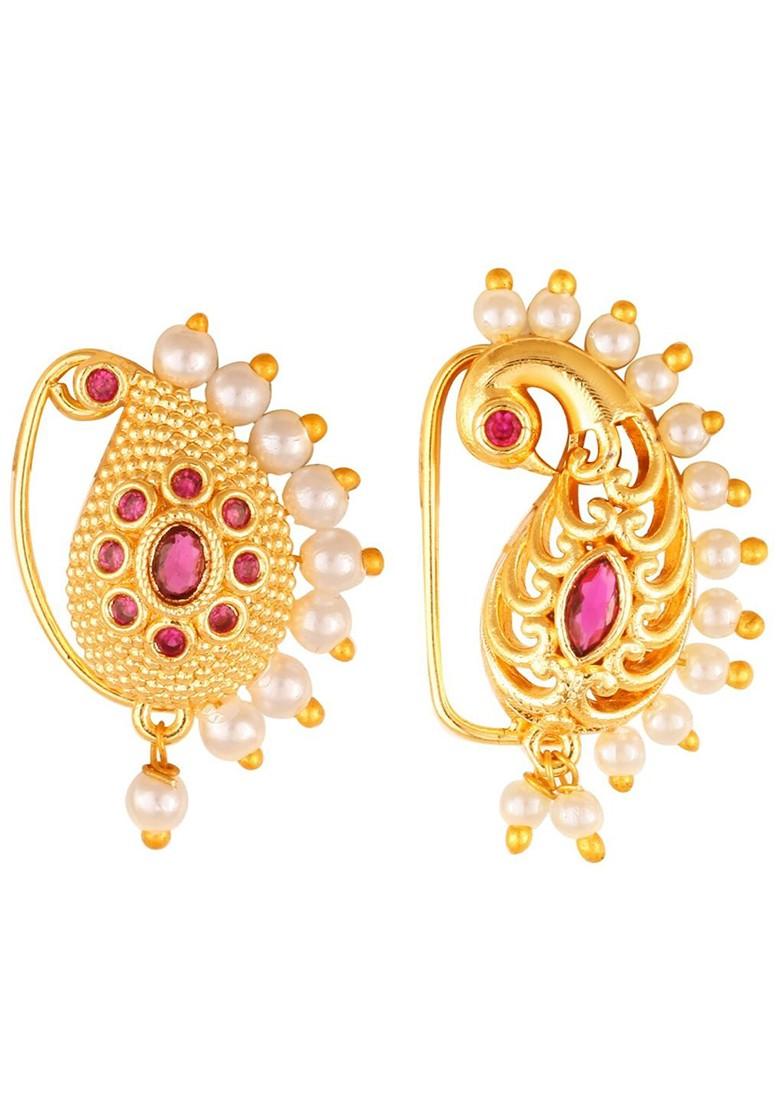 Set Of 2 Gold Plated Stone Studdedand Pearl Beaded Nosepins