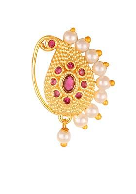 Gold Plated Pearlsand Cz Stone Maharashtrian Nath Nathiya Clip On Nose Pin