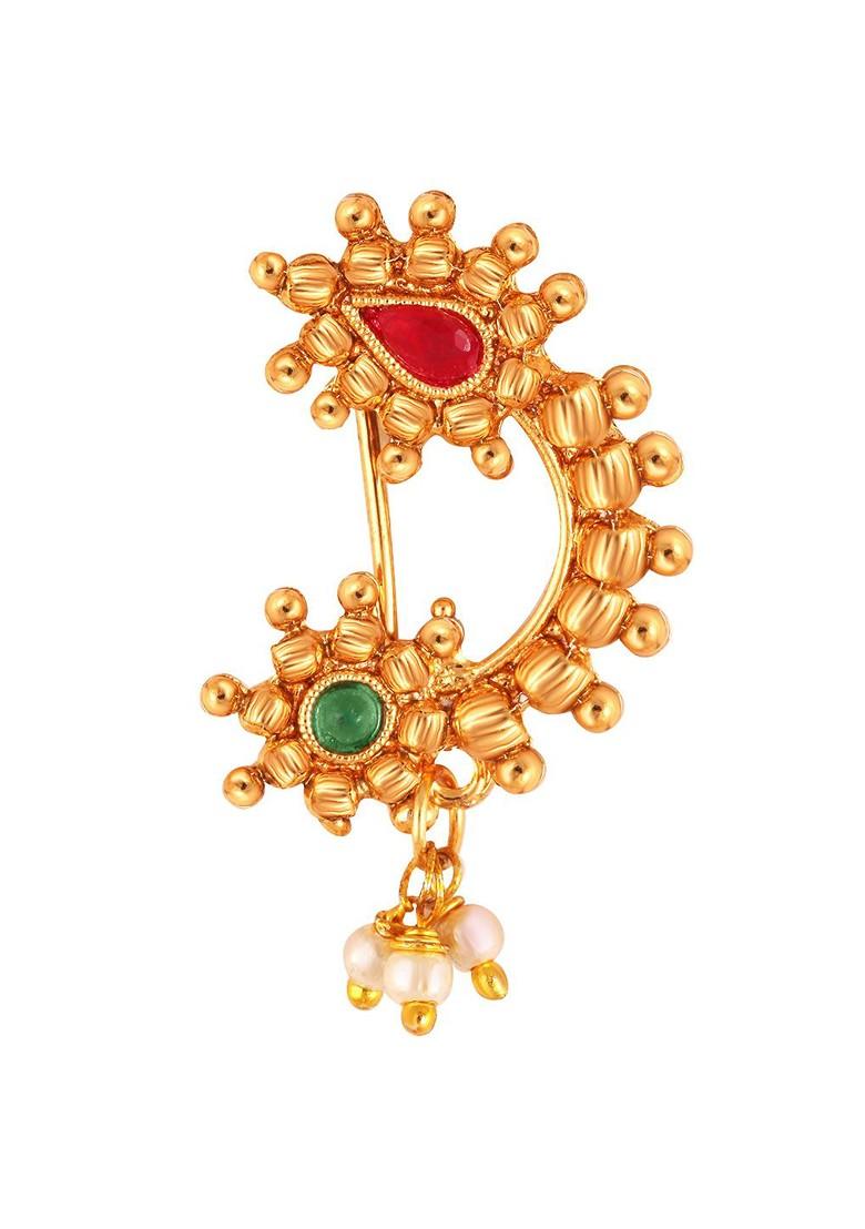 Gold Plated Stone Studdedand Pearl Beaded Nosepin
