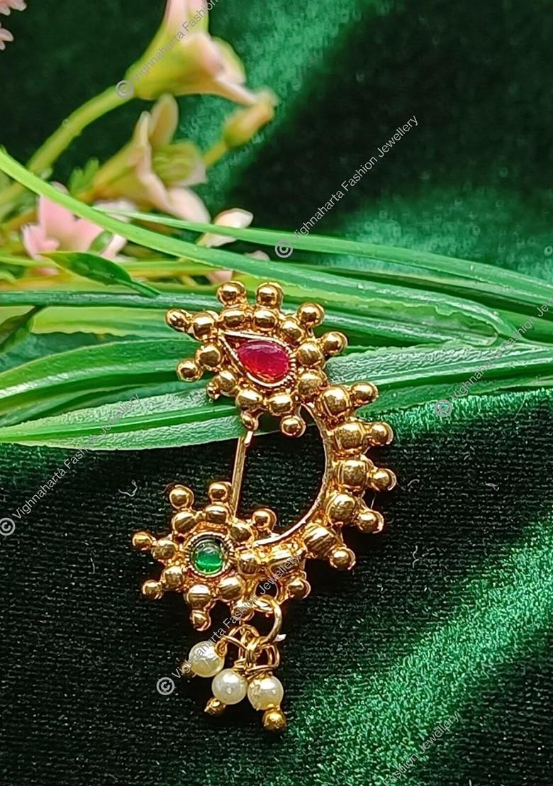 Gold Plated Stone Studdedand Pearl Beaded Nosepin