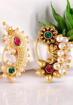 Set Of 2 Gold Plated Pearls Beaded Ring Nosepin