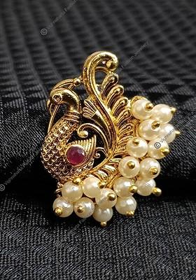 Set Of 2 Gold Plated Stone Studdedand Pearl Beaded Nosepin