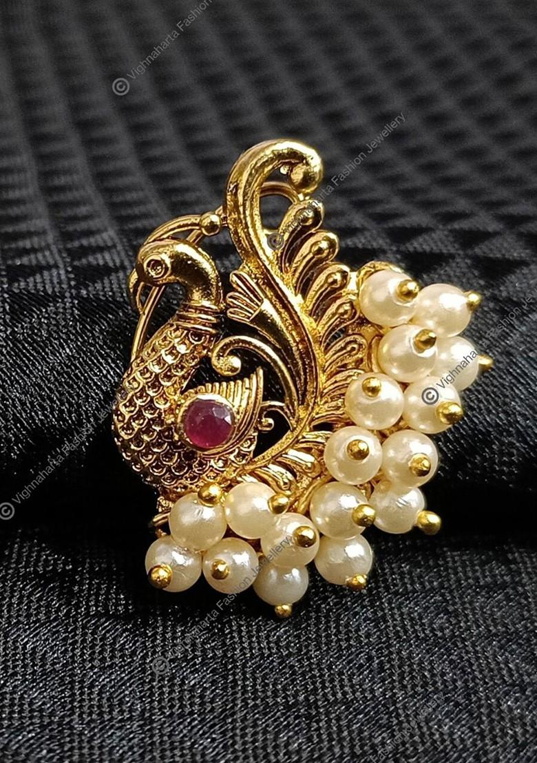 Set Of 2 Gold Plated Stone Studdedand Pearl Beaded Nosepin