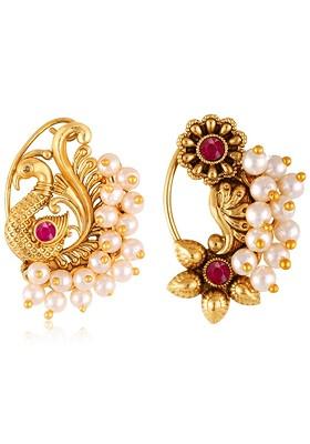 Set Of 2 Gold Plated Stone Studdedand Beaded Nosepin