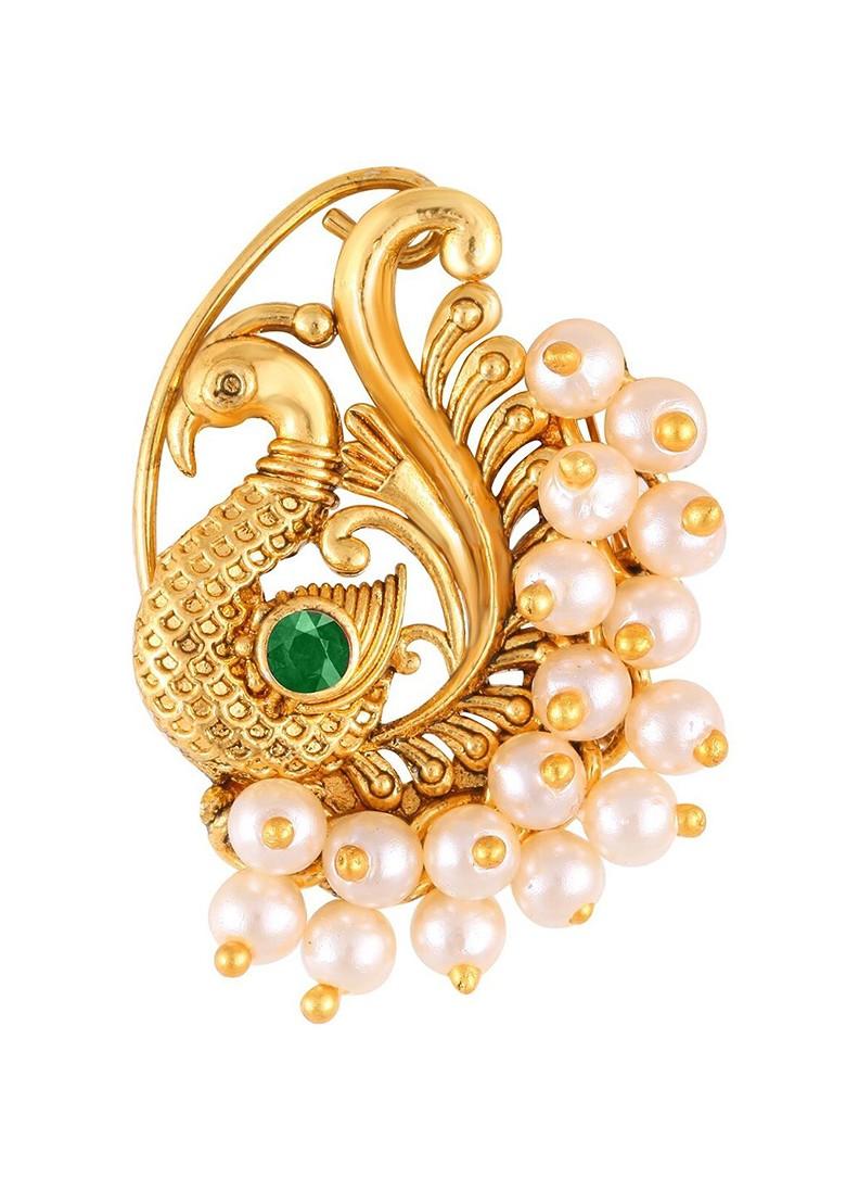 Gold Plated Stone Studdedand Pearl Beaded Nosepin