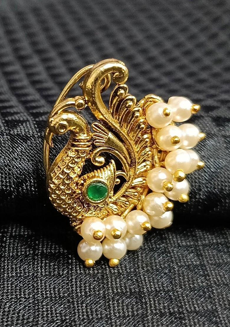 Gold Plated Stone Studdedand Pearl Beaded Nosepin