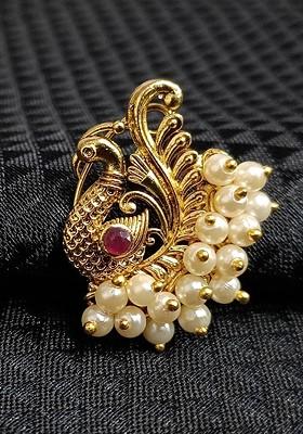 Gold Plated Stone Studdedand Pearl Beaded Nosepin