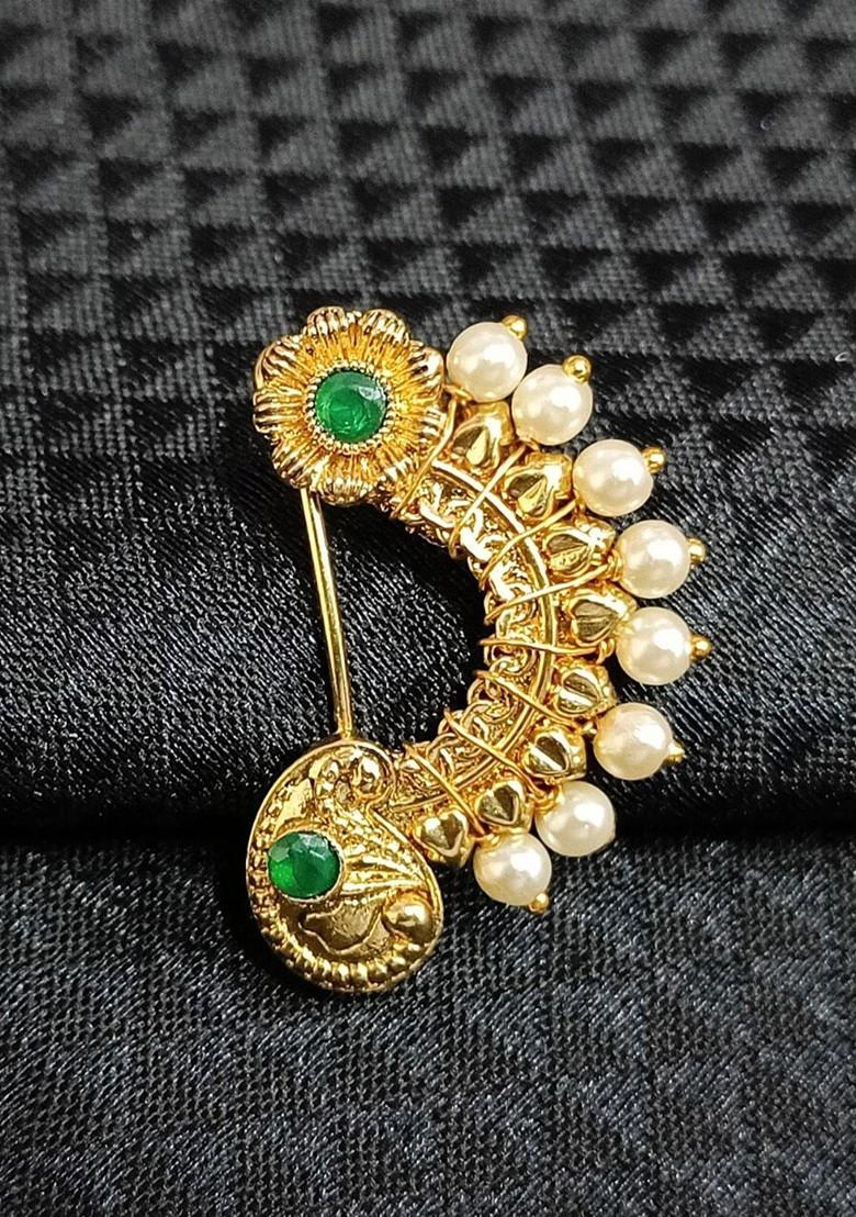 Gold Plated Stone Studdedand Pearl Beaded Nosepin