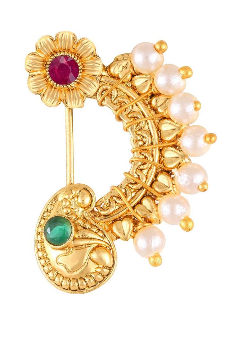 Gold Plated Stone Studdedand Pearl Beaded Nosepin