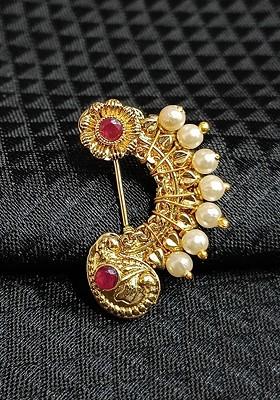 Gold Plated Stone Studdedand Pearl Beaded Nosepin