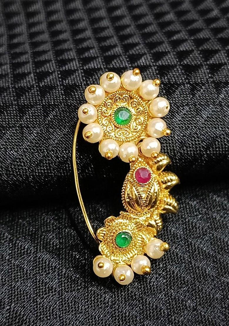 Gold Plated Stone Studdedand Pearl Beaded Nosepin