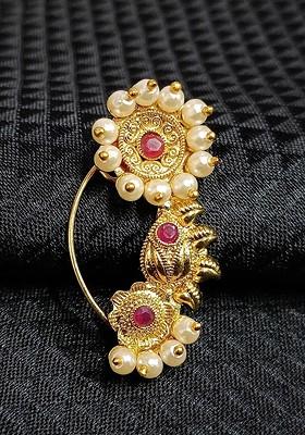 Gold Plated Stone Studdedand Pearl Beaded Nosepin