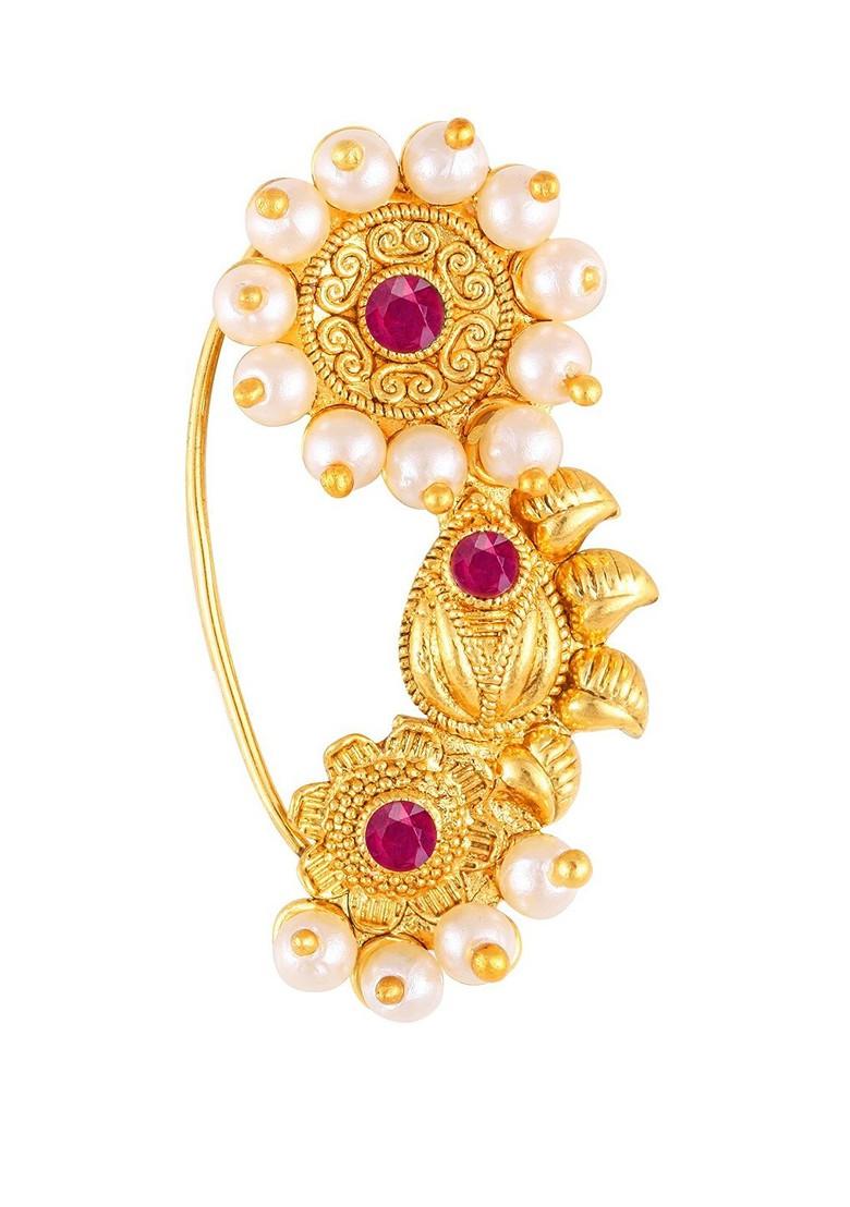 Gold Plated Stone Studdedand Pearl Beaded Nosepin