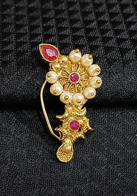 Gold Plated Stone Studdedand Pearl Beaded Nosepin
