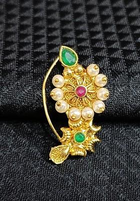 Gold Plated Stone Studdedand Pearl Beaded Nosepin