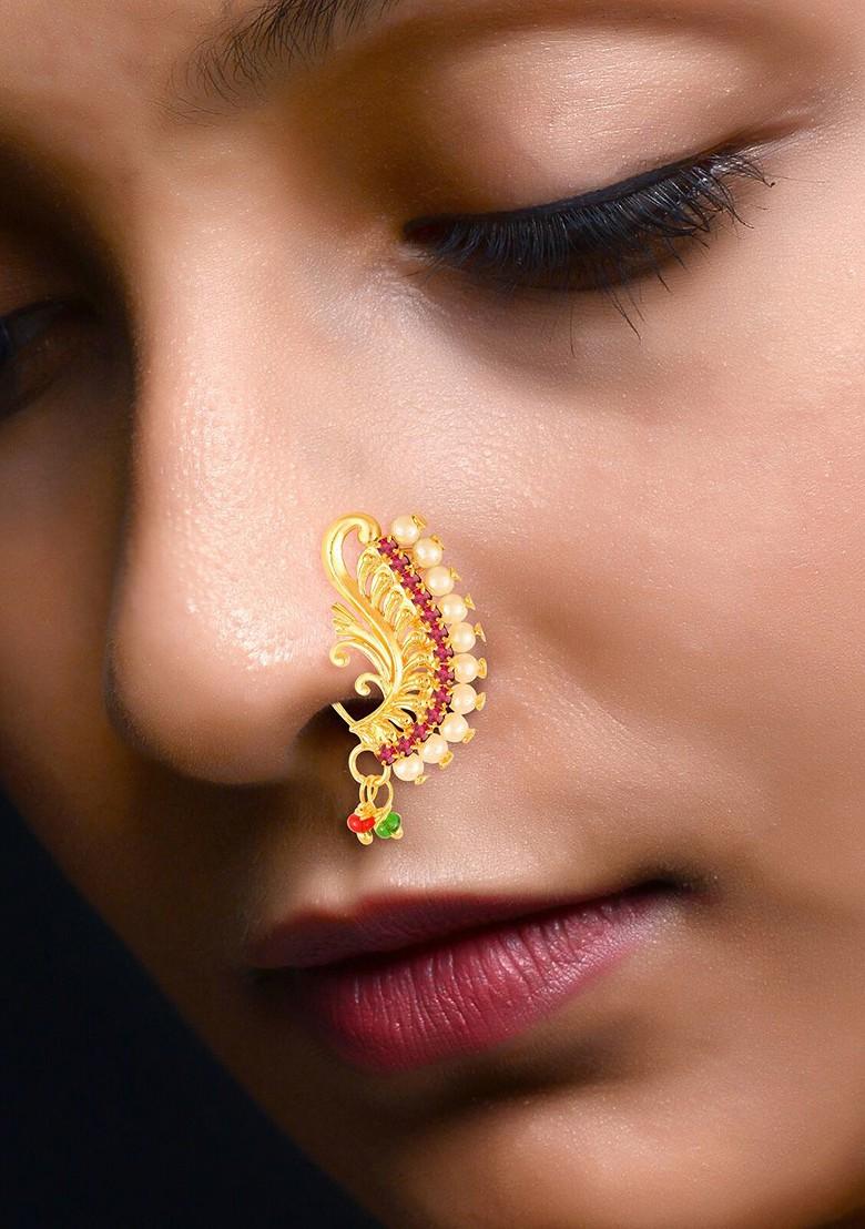 Gold Plated Stone Studdedand Pearl Beaded Nosepin
