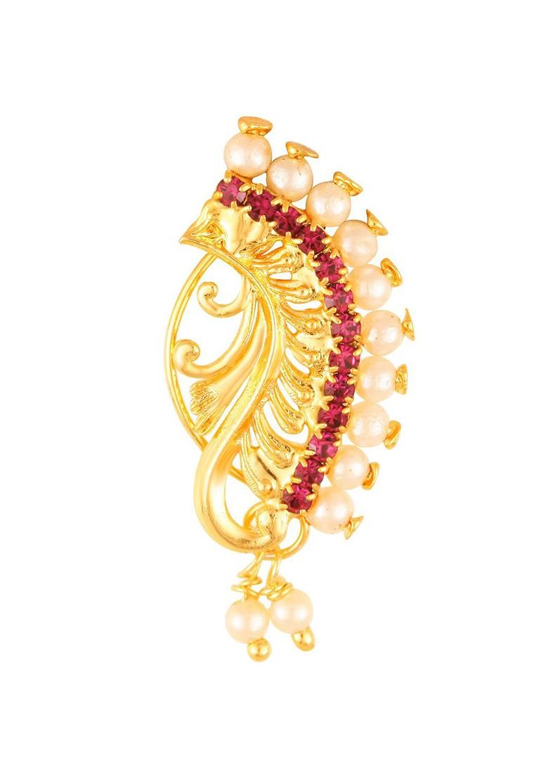 Gold Plated Stones Studdedand Beaded Maharashtrian Nosepin