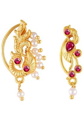 Set Of 2 Gold Plated Stone Studdedand Pearl Beaded Nath Nathiya Nosepin