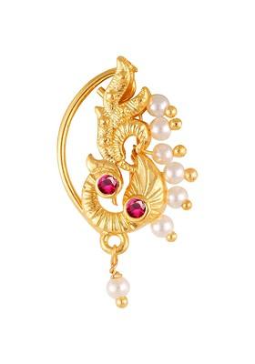 Gold Plated Stone Studdedand Pearl Beaded Nosepin