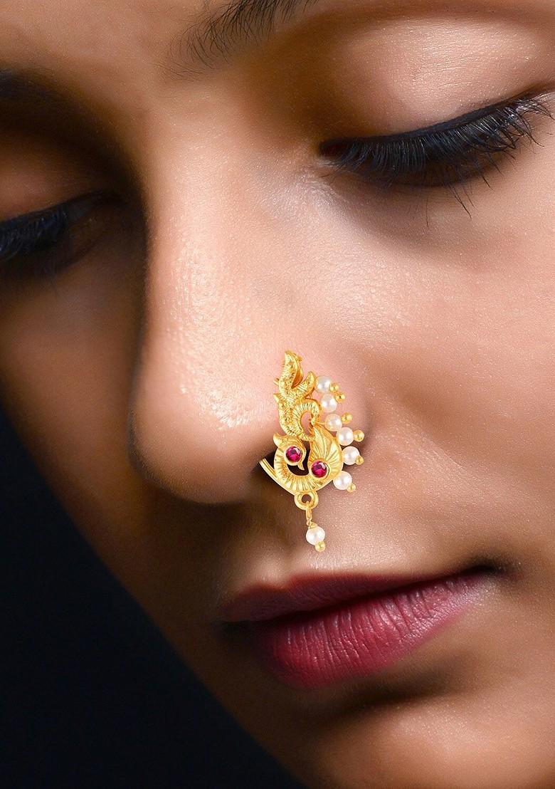 Gold Plated Stone Studdedand Pearl Beaded Nosepin