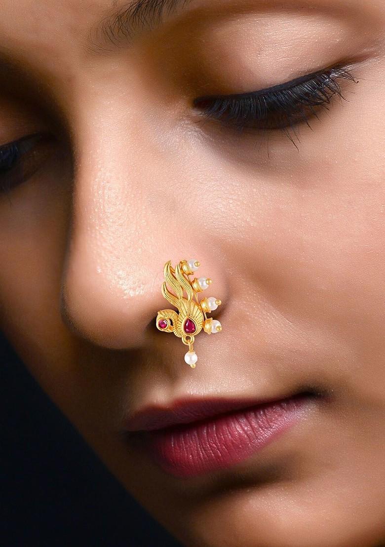 Gold Plated Stone Studdedand Pearl Beaded Nosepin